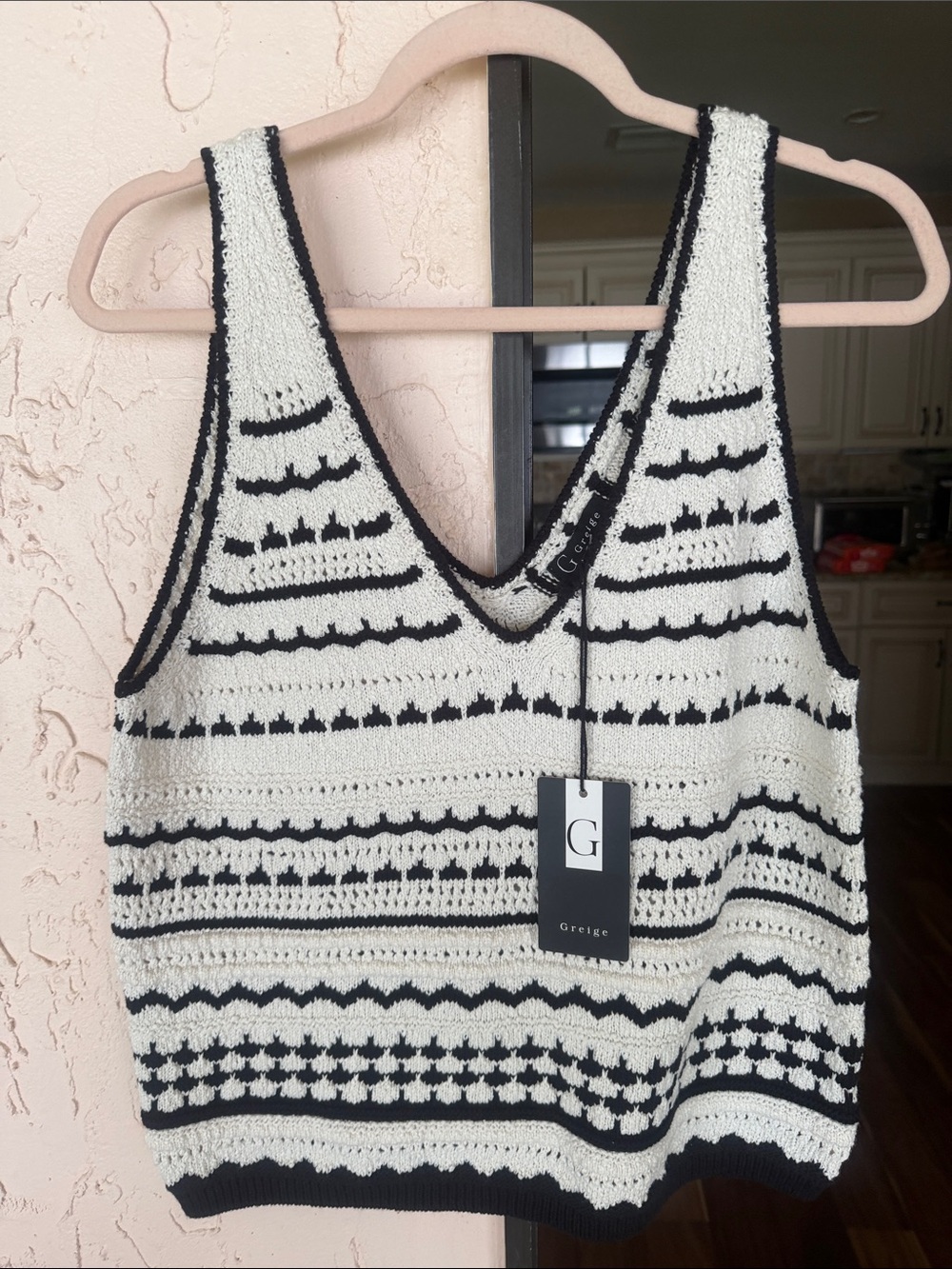 Greige Black & White Striped Knit V-Neck Tank